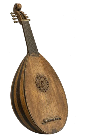 Langhalslaute mit gewölbtem Korpus aus hellen und dunklen Holzspänen