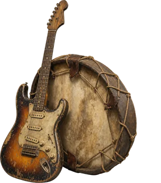 Abgespielte E-Gitarre, an eine seilgespannte Rahmentrommel gelehnt