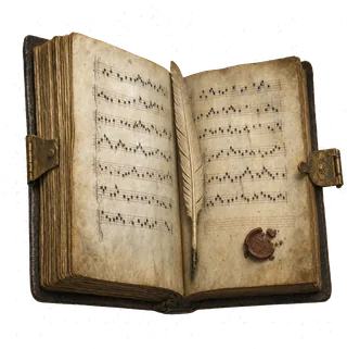 Aufgeschlagenes handgeschriebenes Liederbuch mit Federkiel und gebrochenem Wachssiegel