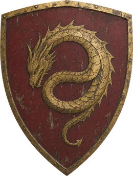 Wappenschild mit einem gewundenen Drachen auf dunkelrotem Grund